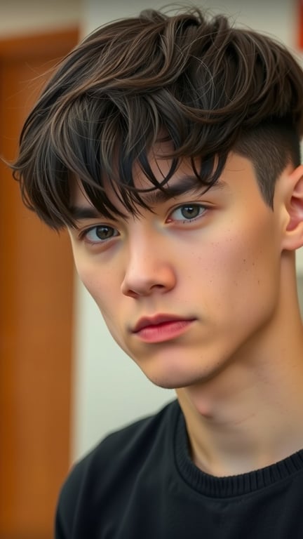 Young man with side swept bangs and a soft hairstyle