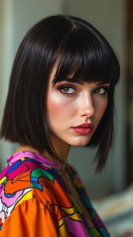 Model with sleek straight hair and bangs, wearing a colorful outfit.