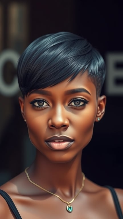 A woman with a sleek pixie cut, showcasing a polished and modern hairstyle.