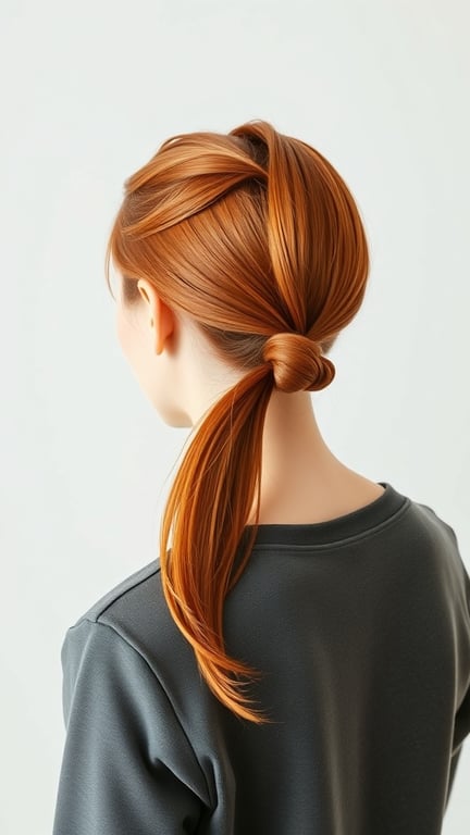 A sleek ginger ponytail hairstyle with a knot at the base.