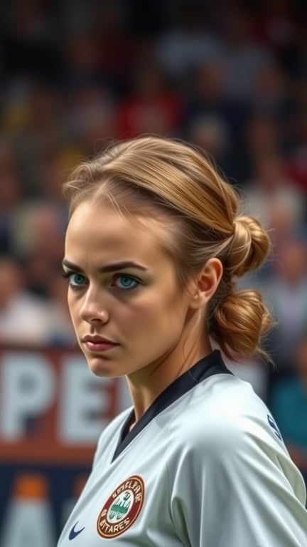 A female softball player with a sleek low bun hairstyle, focused on the game.