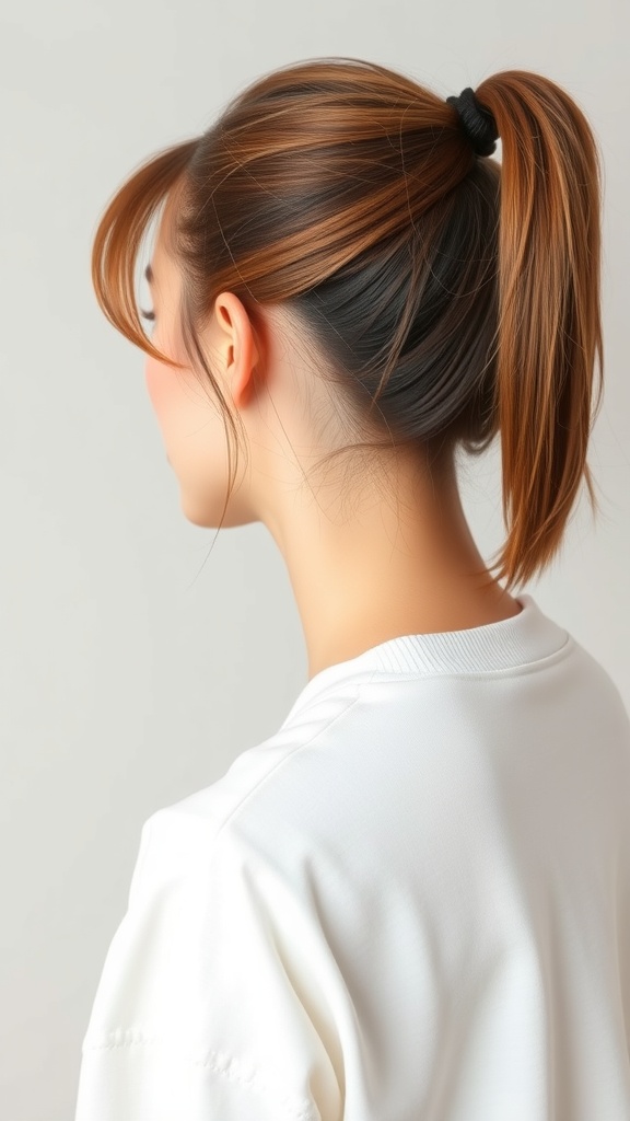 A woman with a sleek ponytail and wispy bangs, showcasing a stylish hairstyle.