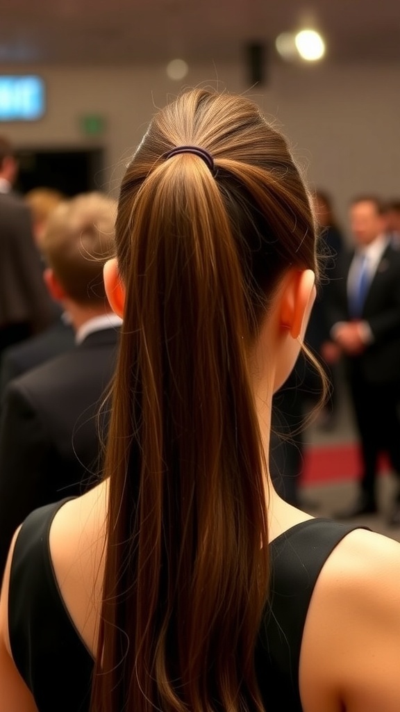 A sleek ponytail hairstyle from the back, showcasing smooth hair and a stylish look.