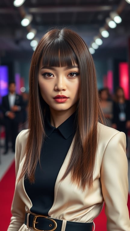 A model with sleek straight hair and a center part, wearing a stylish outfit on a red carpet.