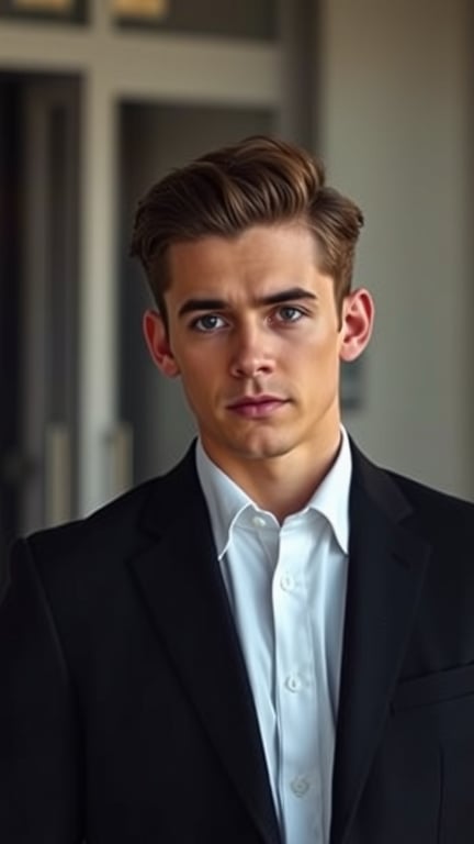 A young man with slicked back hair wearing a black suit and white shirt, looking polished and confident.