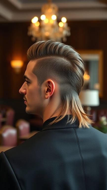 A man with a slicked back mullet hairstyle, featuring short sides and a longer back, styled neatly.
