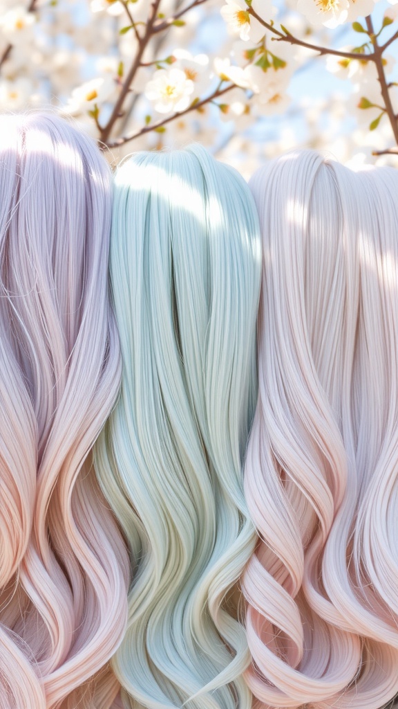 Three strands of hair in pastel colors: lavender, mint green, and soft pink, with a background of blooming flowers.