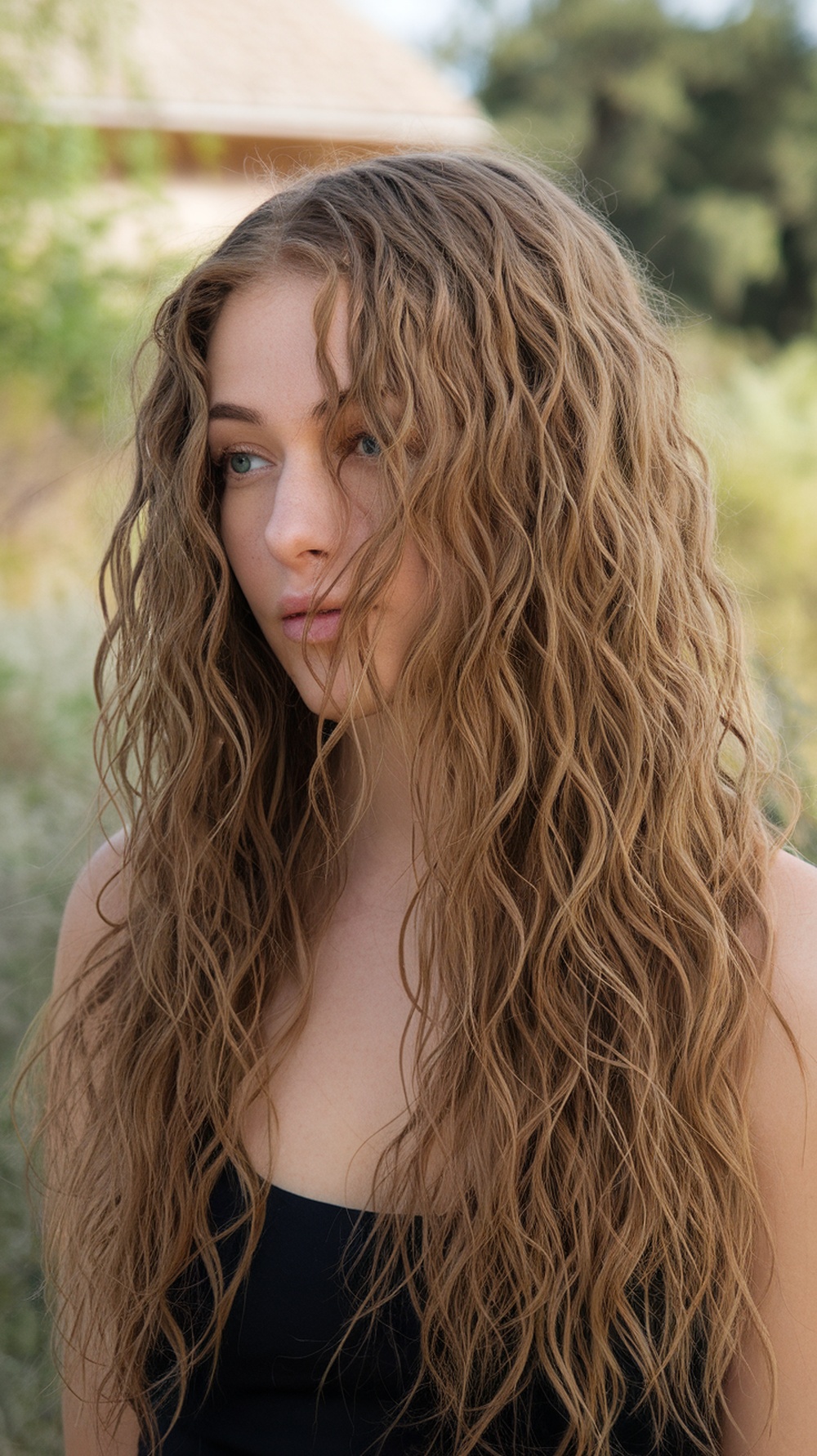 A person with long, curly hair styled in soft ringlets and face-framing layers.