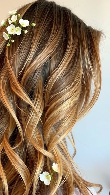 A hairstyle featuring soft rose gold highlights with flowing waves and small white flowers.