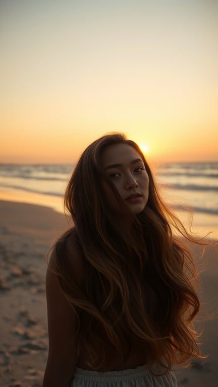 A woman with long, soft waves in her hair, standing on the beach at sunset.