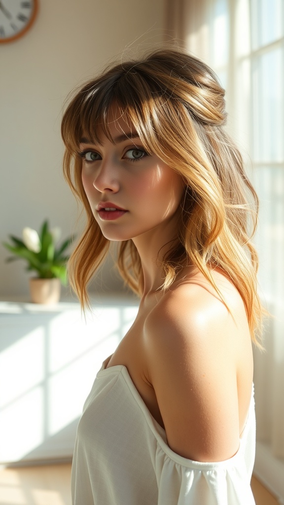 A woman with soft wispy bangs and loose waves, showcasing a fresh and effortless hairstyle.