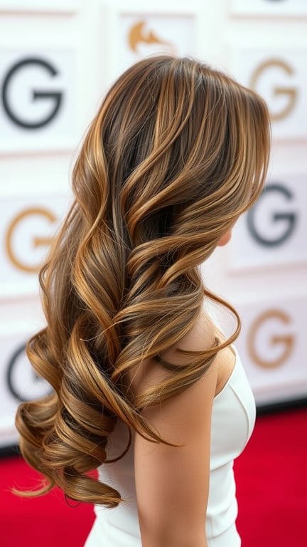 A woman with side-swept hair featuring soft curls and highlights, standing on a red carpet.
