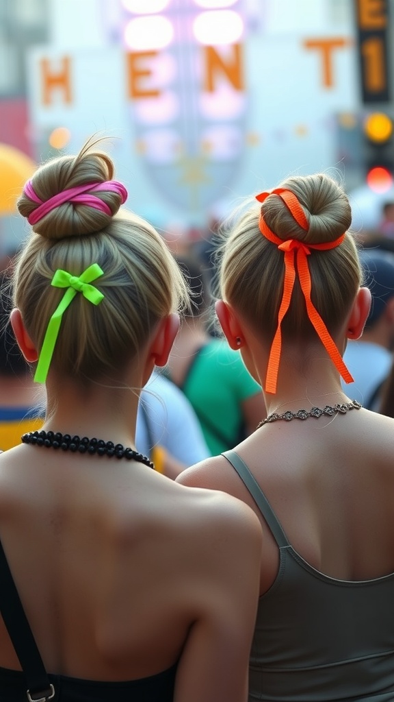 Two individuals with space buns tied with neon hair ties, showcasing a fun festival hairstyle.