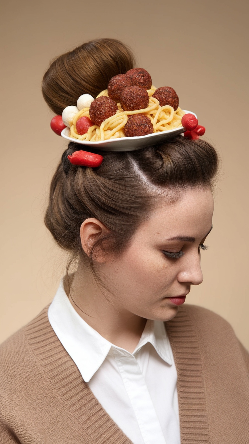 A woman with a bun hairstyle that resembles a plate of spaghetti and meatballs, featuring faux meatballs and cherry tomatoes on top.