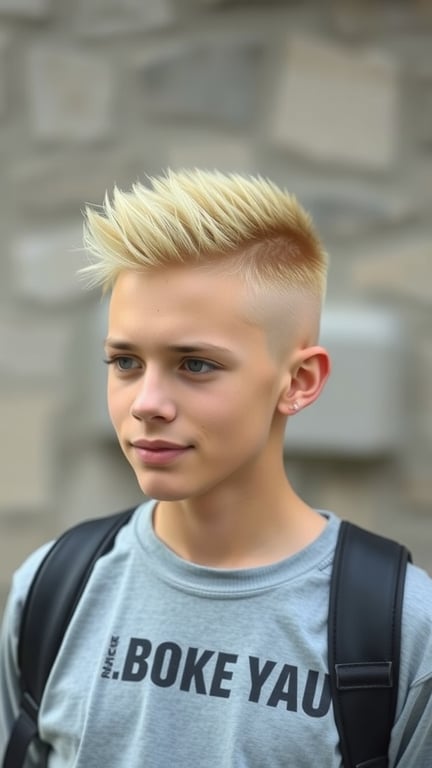 A young man with a spiky haircut, featuring a fade on the sides and light blonde hair.