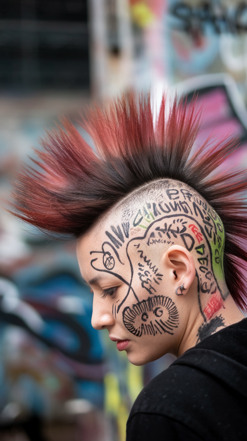 A person with a spiky mohawk hairstyle featuring vibrant colors and doodles on the shaved sides.