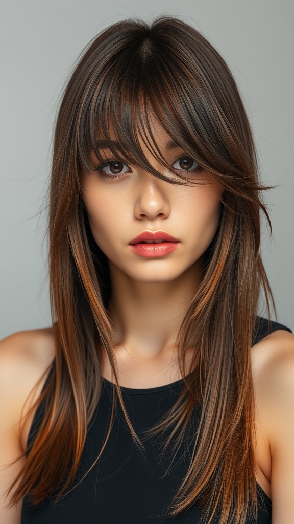 A model with straight hair and feathered bangs, showcasing a modern hairstyle.