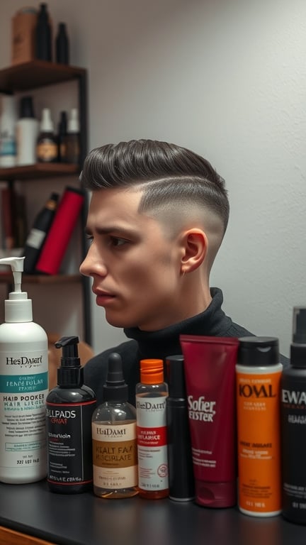 A variety of hair styling products for maintaining a temple fade hairstyle.