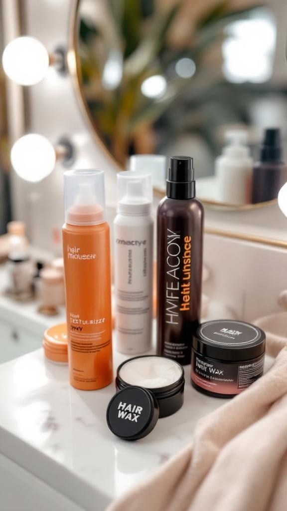 A variety of hair styling products including mousse, texturizing spray, and wax on a vanity.