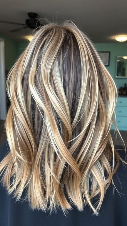 A hairstyle featuring subtle ashy highlights blended with darker base colors, styled in soft waves.