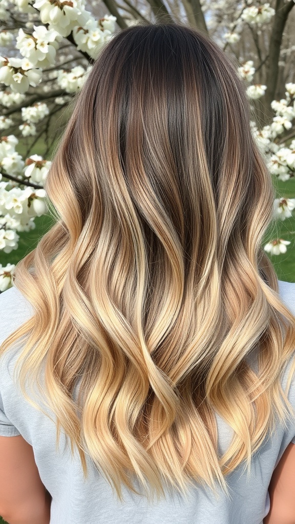 A woman with long, wavy hair showcasing a subtle ombre effect, transitioning from dark brown roots to lighter blonde ends, surrounded by blooming flowers.