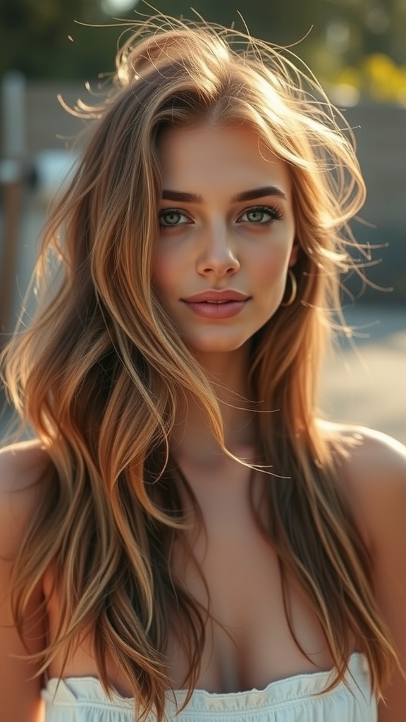 A woman with long, sun-kissed balayage hair, showcasing warm highlights and soft waves.