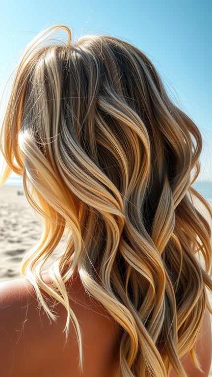 Wavy hair with sun-kissed blonde highlights against a clear blue sky