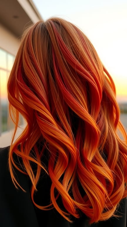 A person with sunset-inspired gradient hair, featuring vibrant orange and red colors, styled in soft waves.