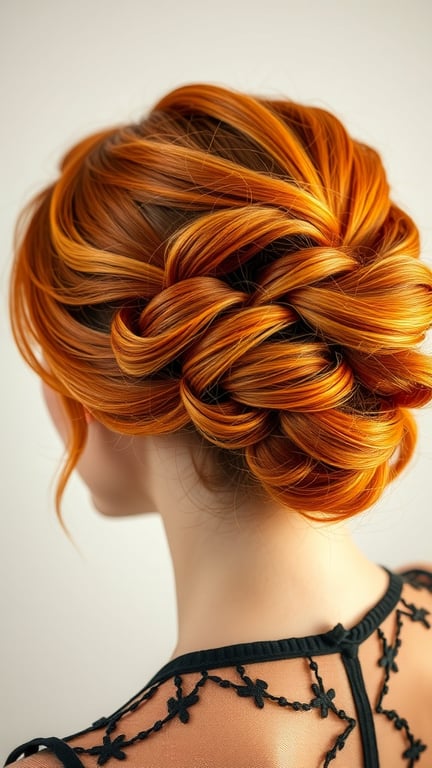 A beautiful sunset-inspired updo hairstyle featuring ginger and brown tones, styled elegantly with twists and loops.
