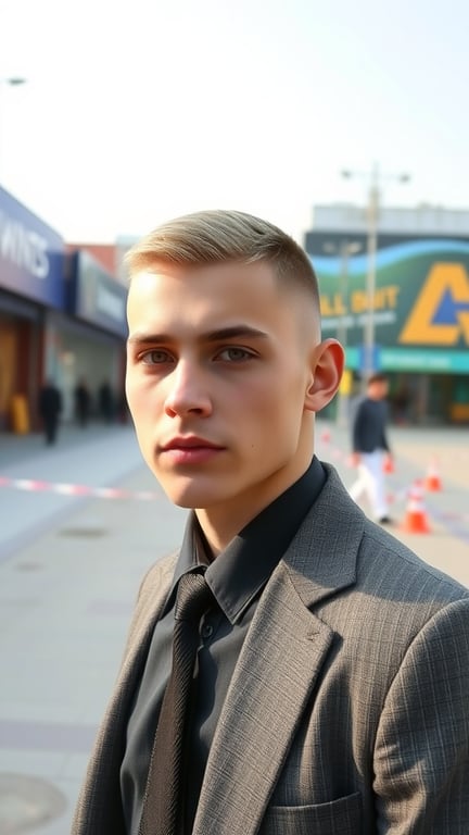 A young man with a tapered haircut, wearing a suit and tie, standing outdoors.