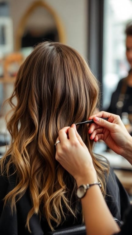 A stylist applying caramel highlights to brown hair in a salon.