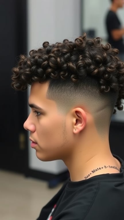A young man with curly hair styled in a temple fade hairstyle, showcasing defined curls on top and faded sides.
