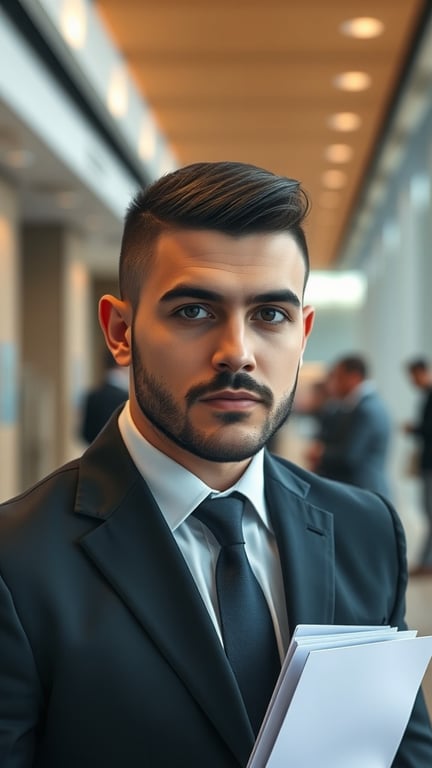 A man in a suit with a temple fade hairstyle, holding documents in a professional setting.