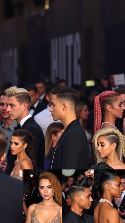A group of stylish individuals showcasing various temple fade hairstyles at a high-profile event.