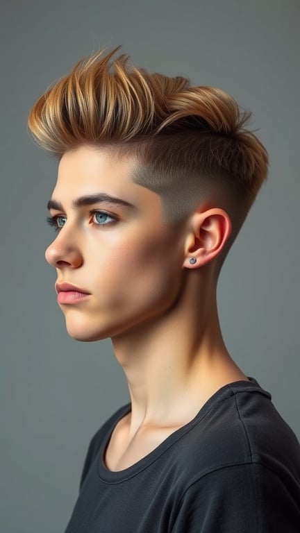 A young person with a temple fade hairstyle and textured top, showcasing a stylish and modern look.