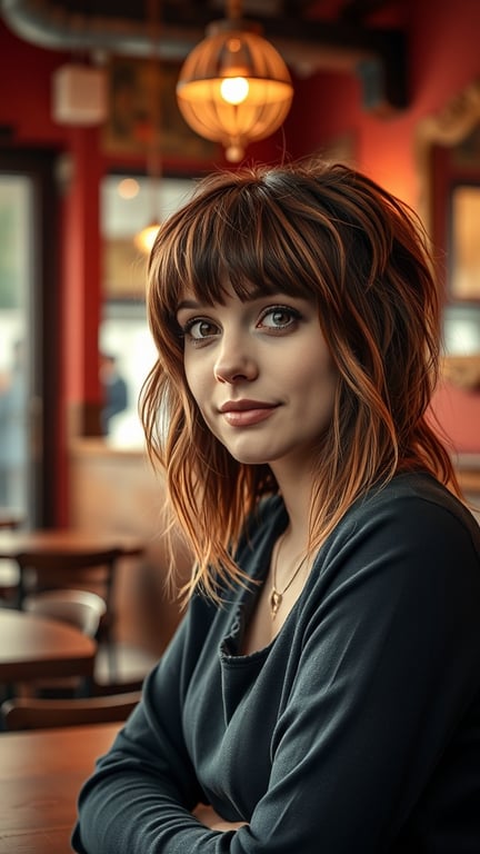A woman with textured bangs and a shag hairstyle, sitting in a café.
