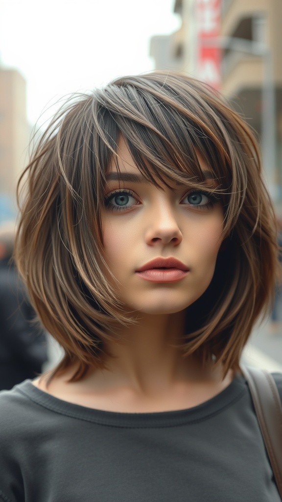 A woman with a textured bob hairstyle and wispy bangs, looking stylish and modern.