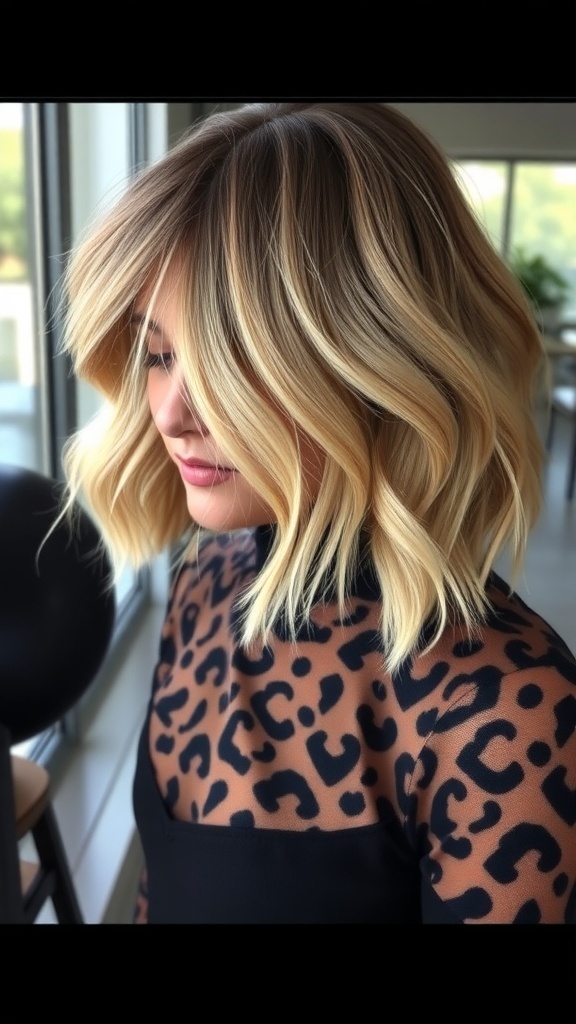 A woman with a textured bob hairstyle, featuring soft waves and a stylish outfit.