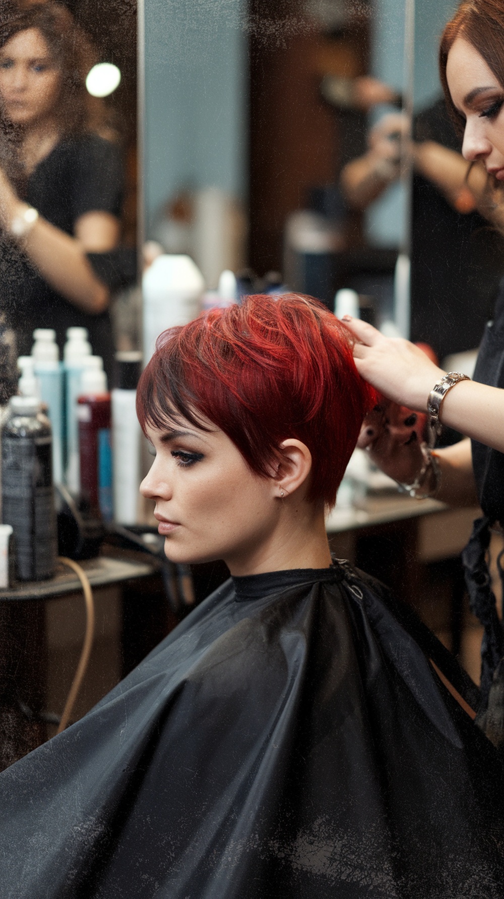 A woman with a textured cherry bomb pixie cut receiving a haircut in a salon.