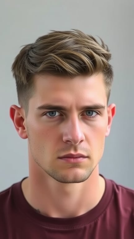 A young man with a textured crop haircut, featuring short sides and layered hair on top.