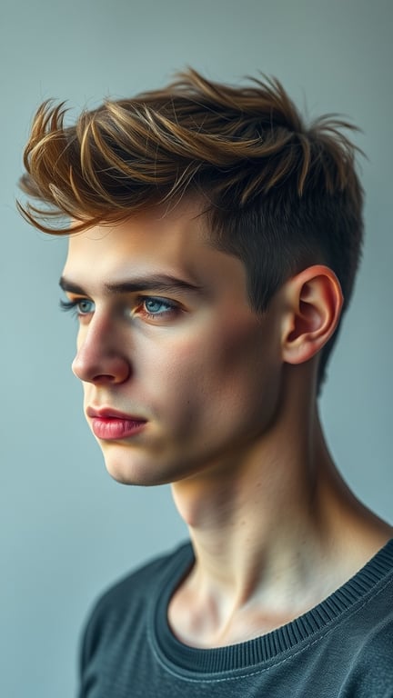 A young man with a textured crop hairstyle, featuring short sides and a longer, tousled top.