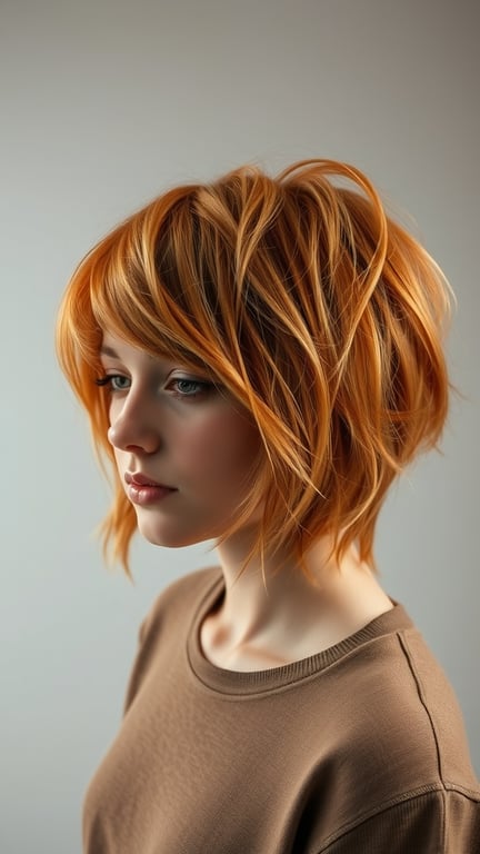 A young woman with a textured ginger shag hairstyle, showcasing vibrant layers and a warm color.