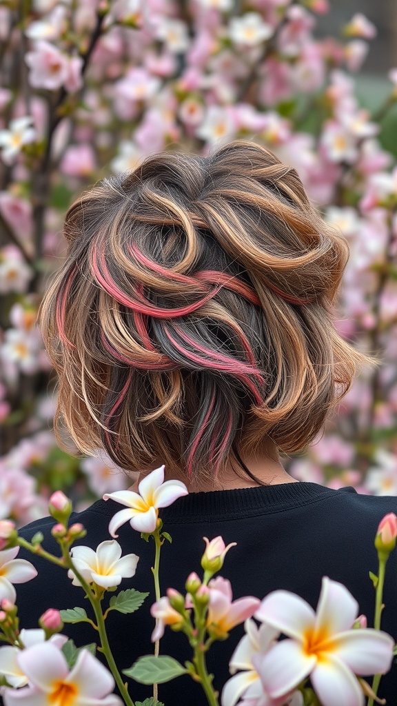 A woman with textured hair featuring pink and dark color accents, surrounded by blooming flowers.