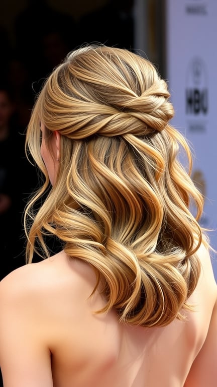 A textured half-up half-down hairstyle featuring elegant twists and cascading waves.