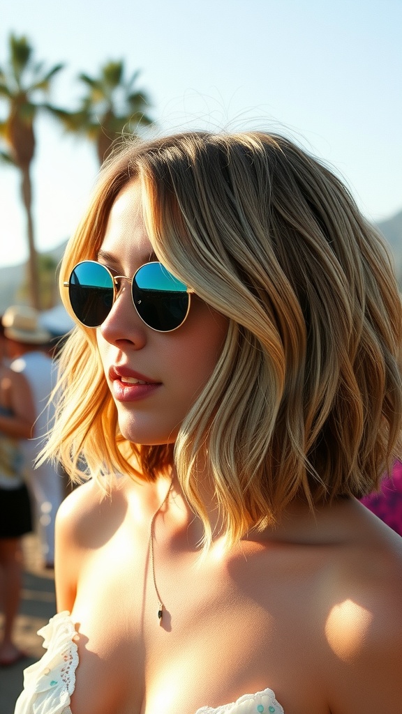 A woman with a textured lob hairstyle, wearing round sunglasses, against a festival backdrop.