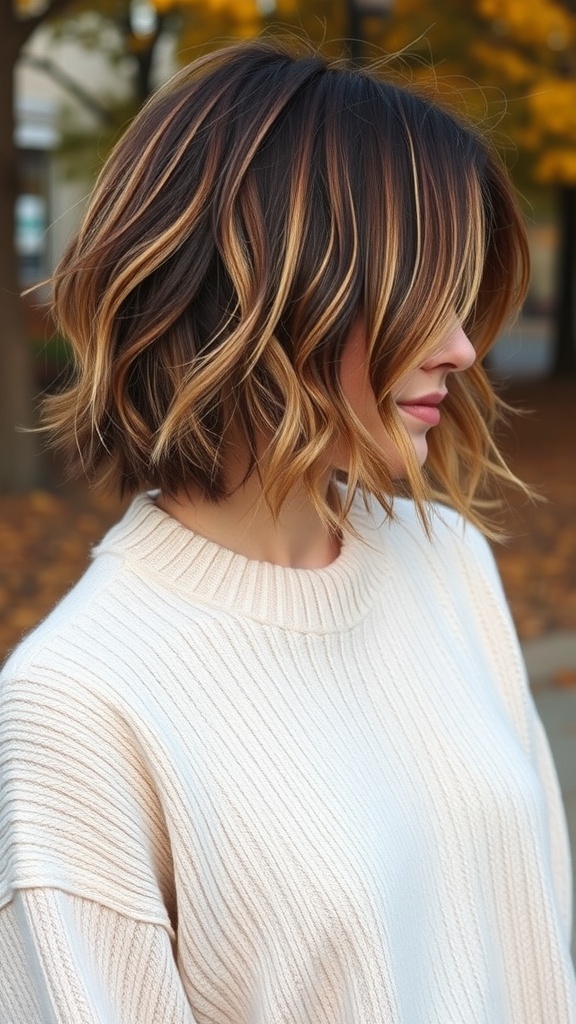 A woman with a textured lob hairstyle featuring warm highlights, wearing a cozy sweater.
