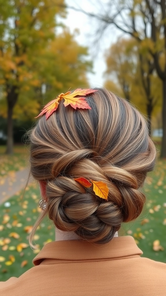 A woman with a textured low bun adorned with colorful fall leaves, set against a backdrop of autumn trees.
