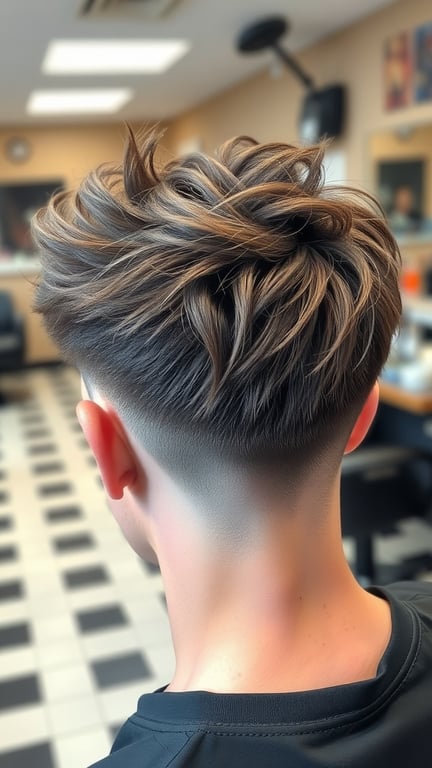 A stylish textured mullet hairstyle with a fade, showcasing longer hair on top and short sides.