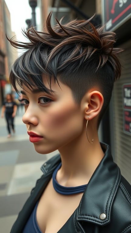 A woman with a textured pixie haircut and undercut, showcasing a stylish and edgy look.