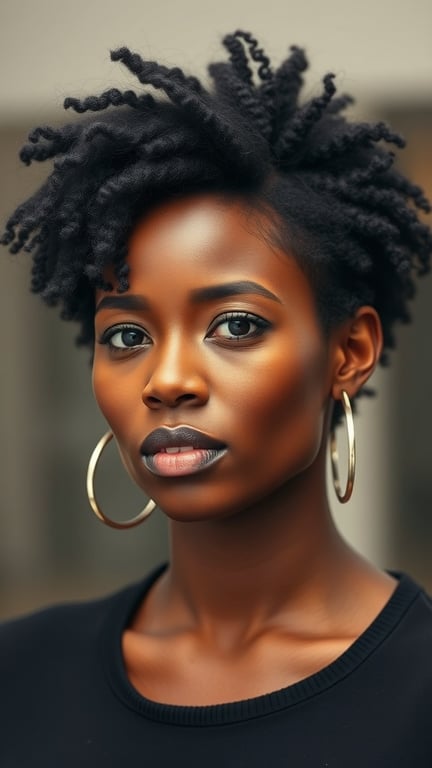 A woman with a textured pixie cut, showcasing voluminous curls and wearing hoop earrings.